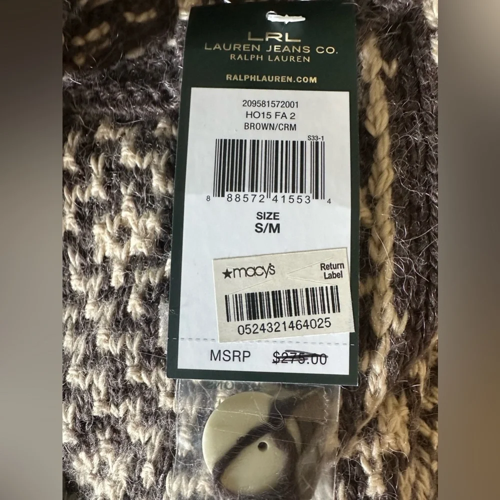 NWT Lauren Ralph Lauren Brown and Cream Patterned Poncho Size S/M (orig. $275) - Picture 9 of 9